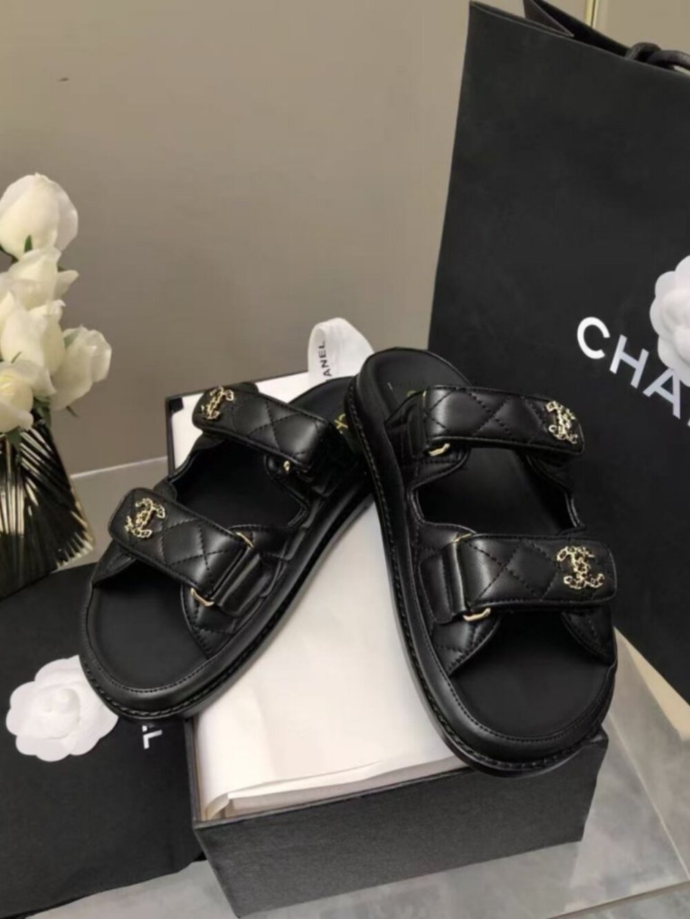 CHANEL Black Quilted CC Double‑Strap Platform Dad Sandals